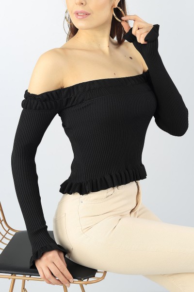Siyah Madonna Yaka Likralı Crop Triko 53713