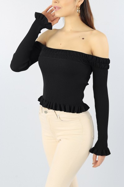 Siyah Madonna Yaka Likralı Crop Triko 53713