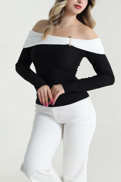 Siyah Madonna Yaka Ottoman Kadın Bluz 482890