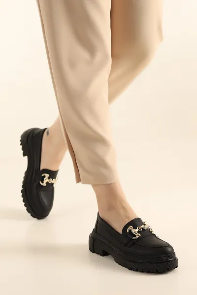 Siyah Mat Gold Tokalı Kalın Taban Loafer Ayakkabı 286765