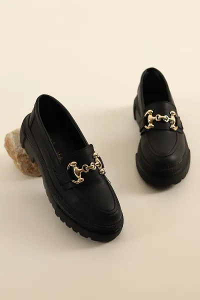 Siyah Mat Gold Tokalı Kalın Taban Loafer Ayakkabı 286765