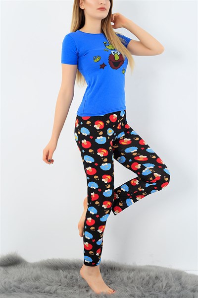 Siyah Mavi Baskılı Bayan Pijama Takımı 33399