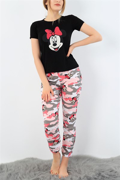 Siyah Mickey Baskılı Bayan Pijama Takımı 33407