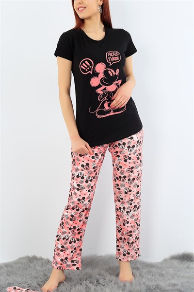 Siyah Mickey Baskılı Bayan Pijama Takımı 31387