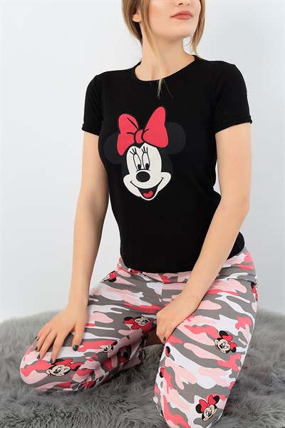 Siyah Mickey Baskılı Bayan Pijama Takımı 33407