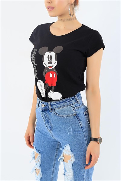 Siyah Mickey Mouse Baskılı Bayan Tişört 32269