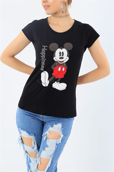 Siyah Mickey Mouse Baskılı Bayan Tişört 32269