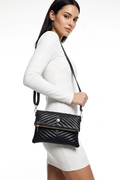 Siyah Mıknatıs Kapaklı Bilek Askılı Kadın El Kol ve Omuz Çantası 489031
