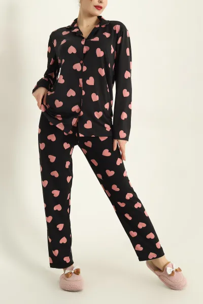Siyah Milan Düğmeli Bayan Pijama Takımı 329612