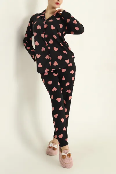 Siyah Milan Düğmeli Bayan Pijama Takımı 329612