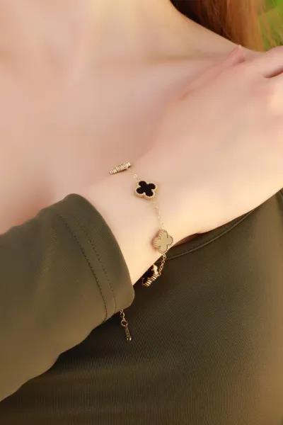 Siyah Mineli Gold Van Cleef Çelik Bileklik 415677