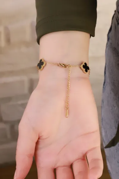 Siyah Mineli Gold Van Cleef Çelik Bileklik 415677