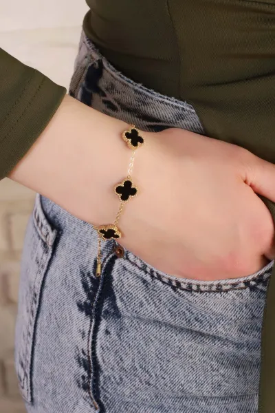 Siyah Mineli Gold Van Cleef Çelik Bileklik 415677