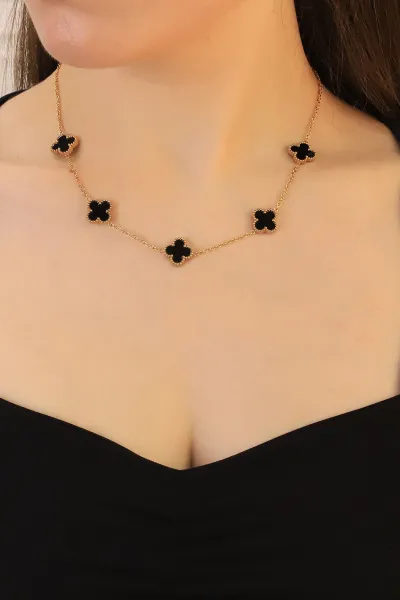 Siyah Mineli Gold Van Cleef Çelik Kolye 415667