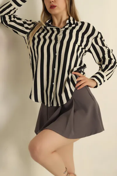 Siyah Modal Çizgili Oversize Efil Kumaş Gömlek 266423