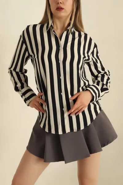Siyah Modal Çizgili Oversize Efil Kumaş Gömlek 266423