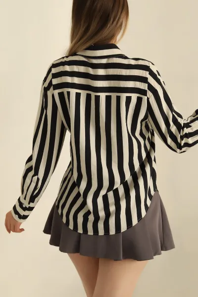 Siyah Modal Çizgili Oversize Efil Kumaş Gömlek 266423