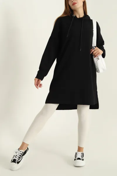 Siyah Modal Kumaş Kapüşonlu Sweat Tunik 297521