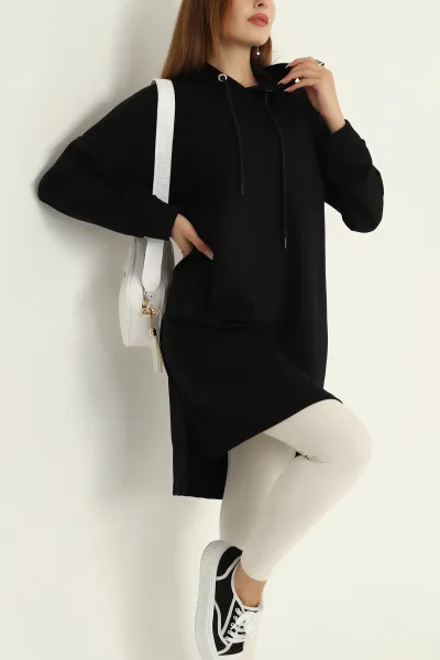Siyah Modal Kumaş Kapüşonlu Sweat Tunik 297521