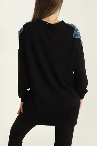 Siyah Modal Kumaş Kot Detay Sweat Tunik 302644