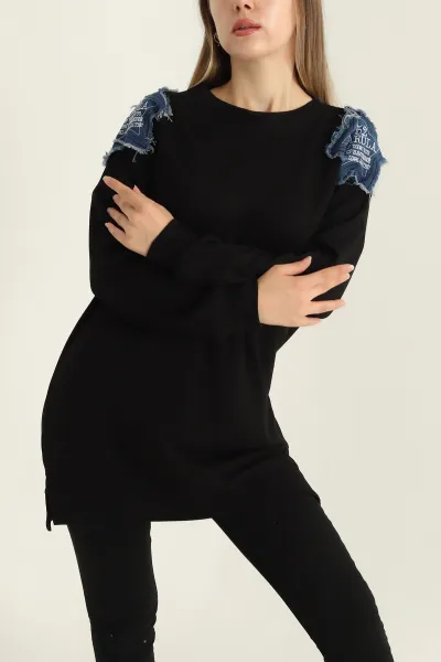 Siyah Modal Kumaş Kot Detay Sweat Tunik 302644