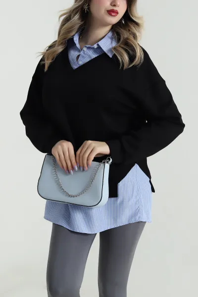 Siyah Modal Kumaş Poplin Garnili Sweat 495416