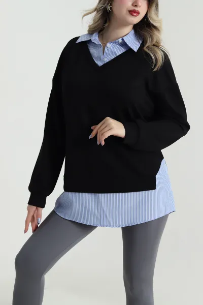 Siyah Modal Kumaş Poplin Garnili Sweat 495416