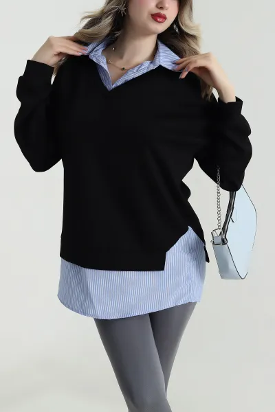 Siyah Modal Kumaş Poplin Garnili Sweat 495416