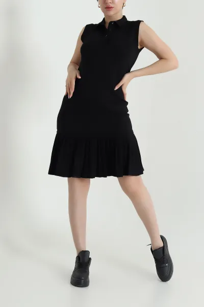 Siyah Modal Piliseli Polo Yaka Kadın Elbise 468207