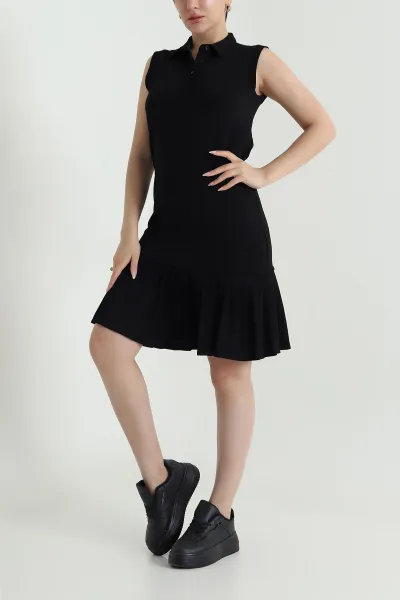 Siyah Modal Piliseli Polo Yaka Kadın Elbise 468207