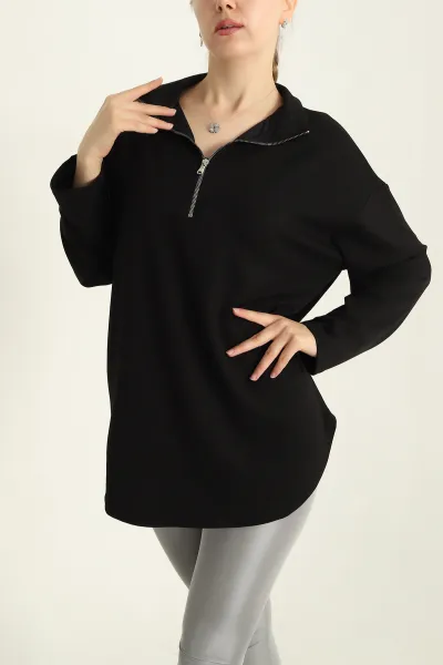 Siyah Modal Yarım Fermuarlı Sweat Tunik 292502
