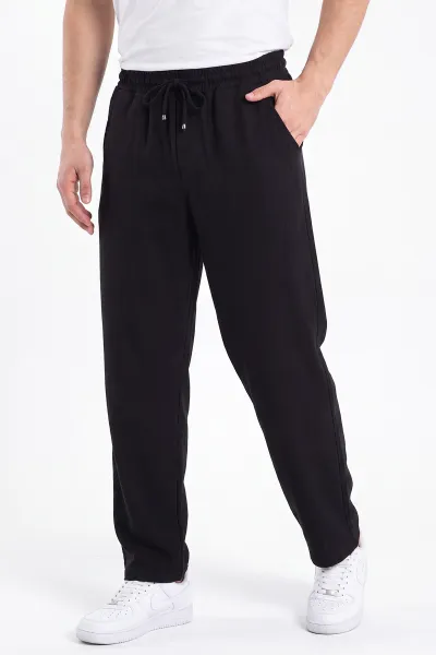 Siyah Müslin Keten Belden Bağlamalı Baggy Erkek Pantolon 473024