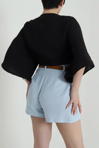 Siyah Müslin Keten Kadın Kimono Bluz 457340