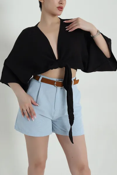 Siyah Müslin Keten Kadın Kimono Bluz 457340