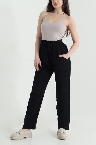 Siyah Müslin Keten Kadın Pantolon 452476