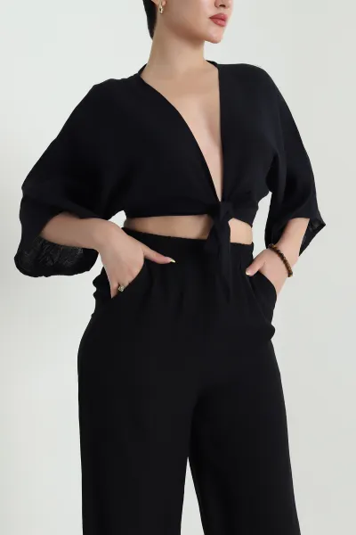 Siyah Müslin Kumaş Bağlamalı Bolero 467481