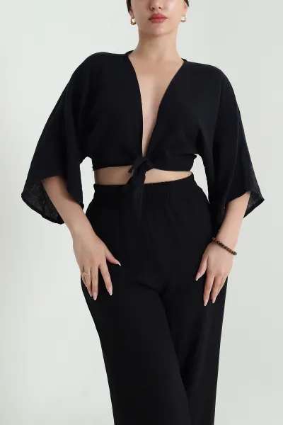 Siyah Müslin Kumaş Bağlamalı Bolero 467481