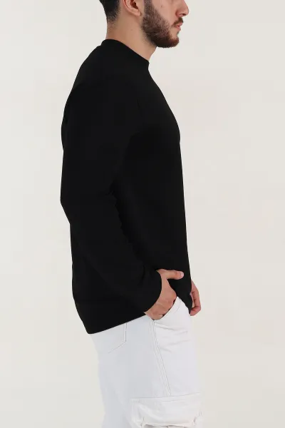 Siyah Nakış Detaylı Bisiklet Yaka Erkek Sweatshirt 396255