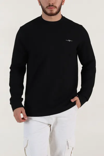 Siyah Nakış Detaylı Bisiklet Yaka Erkek Sweatshirt 396255