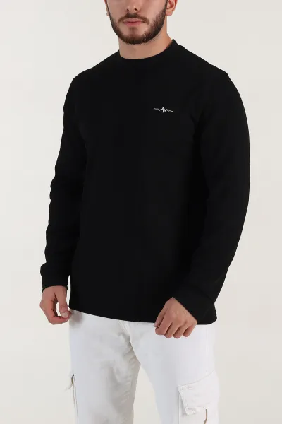 Siyah Nakış Detaylı Bisiklet Yaka Erkek Sweatshirt 396255