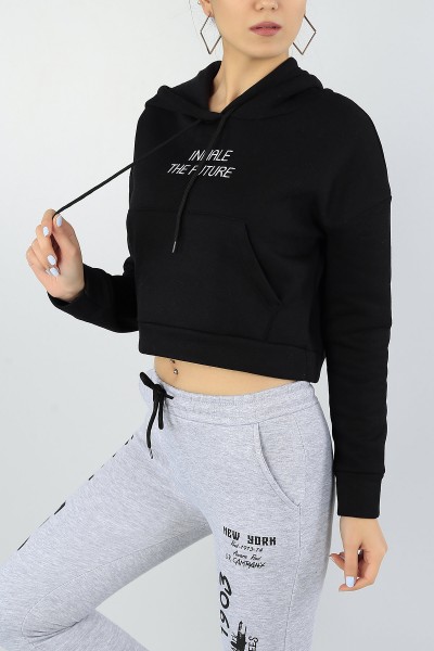 Siyah Nakış İşlemeli Bayan Crop Sweat 53162