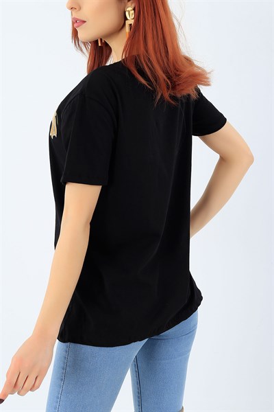 Siyah Nakış İşlemeli Bayan Tişört 27993B