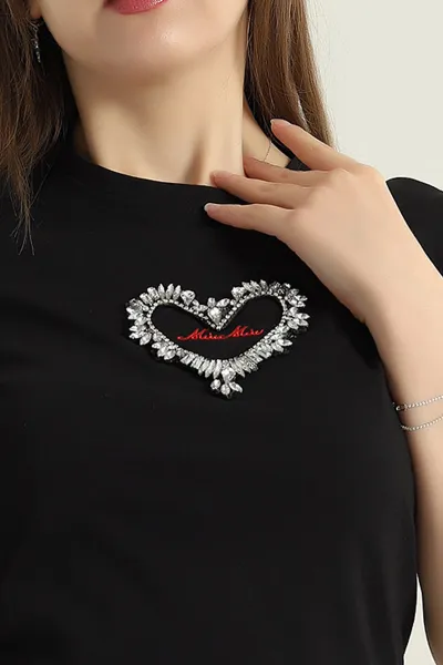 Siyah Nakış ve Taş İşlemli Süprem Kadın Tişört 354481