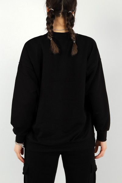 Siyah Nakışlı Bayan Üç İp Sweat 148592