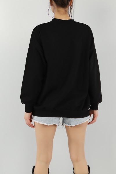 Siyah Nakışlı Bayan Üç İp Sweat 149567