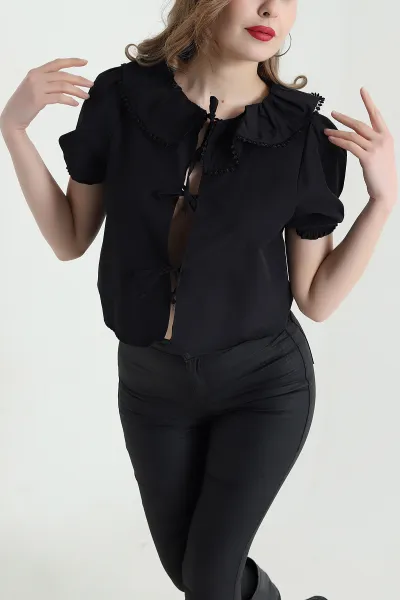 Siyah Nakışlı Bebe Yaka Poplin Kadın Bluz 441245