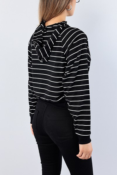 Siyah Nakışlı Çizgili Bayan Sweat 75556