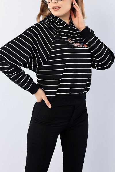 Siyah Nakışlı Çizgili Bayan Sweat 75556