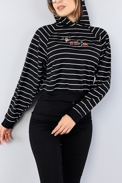 Siyah Nakışlı Çizgili Bayan Sweat 75556