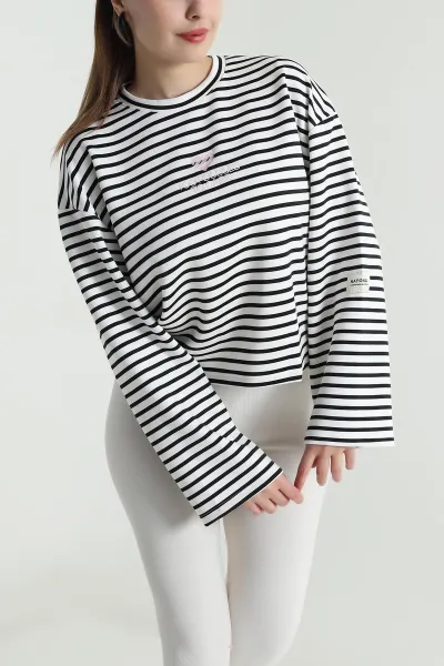 Siyah Nakışlı Çizgili Vortex Kadın Sweat 495314